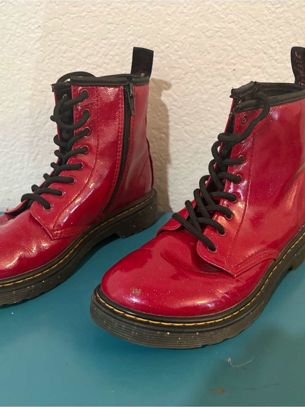 Dr. Martens Red Patent Lace-Up Platform Boots with Black Sole